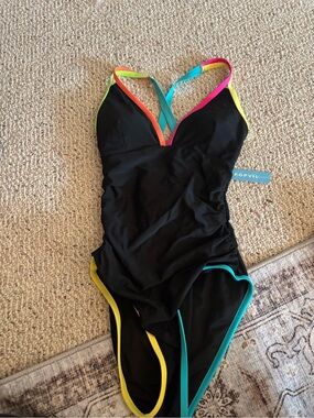 Pop VIllage Black One-Piece Swimsuit with Neon Trim